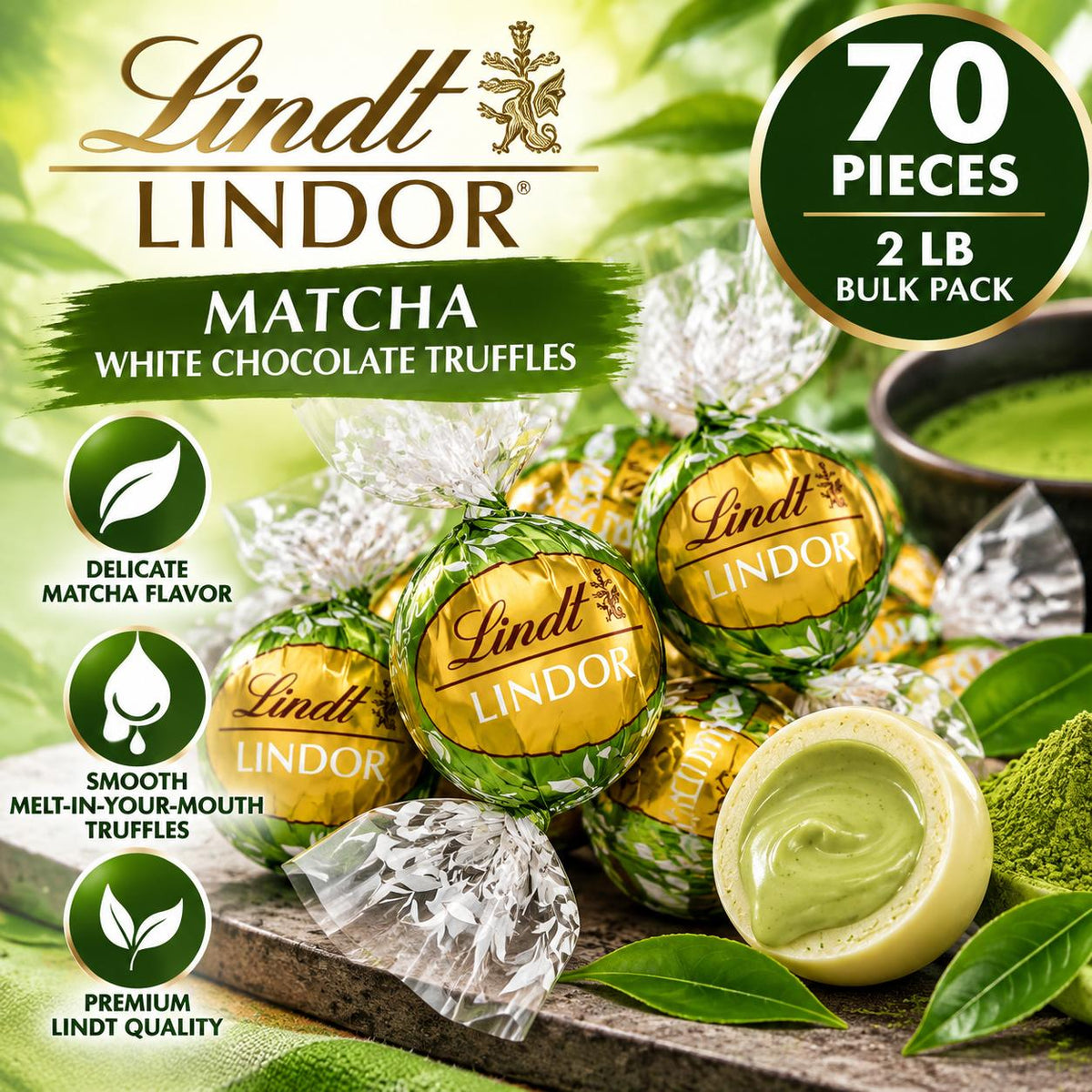 Lindt LINDOR Matcha White Chocolate Truffles 70 Count 2 lb Bulk Pack Premium Chocolate Candy