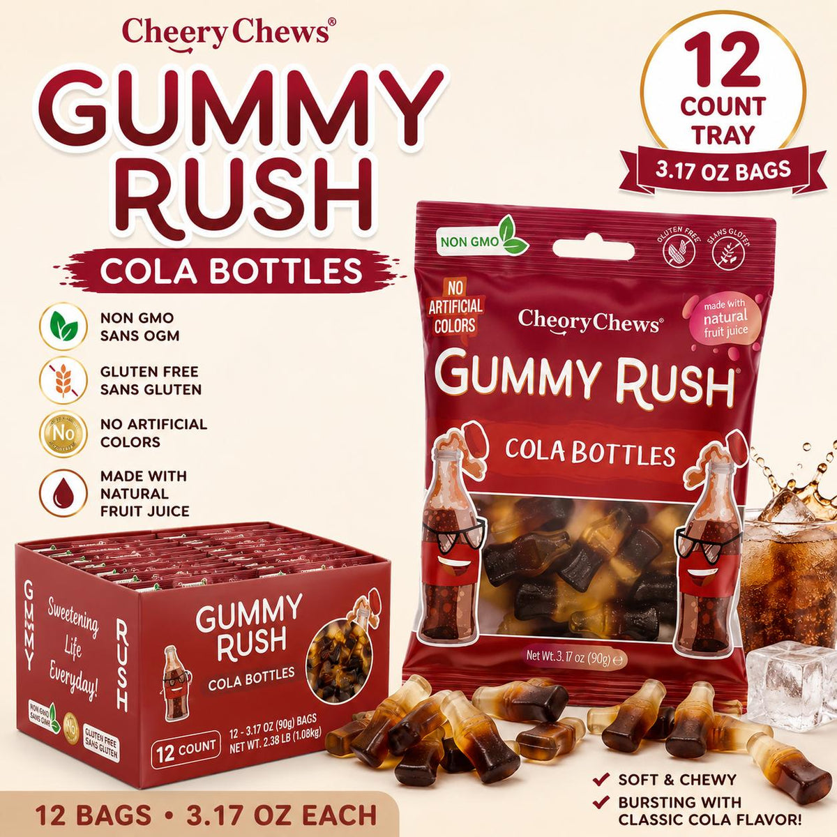 INFIN8 Gummy Rush Cola Bottle Tray Pack, 3.17 oz Chewy Candy, 12-Count Cola-Flavored Gummies