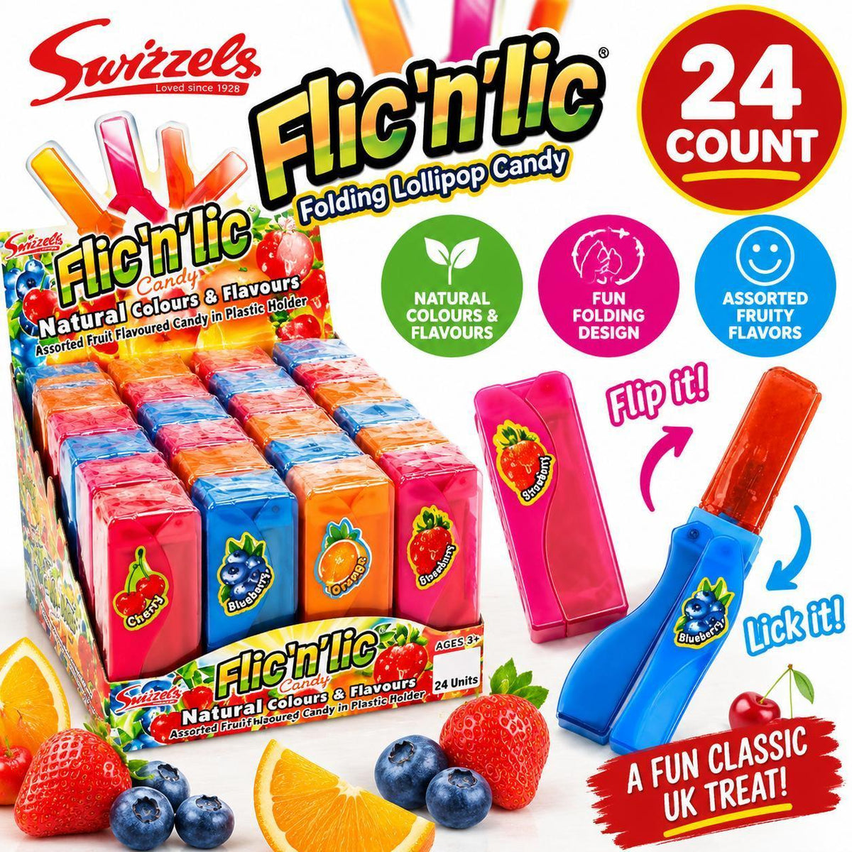 Swizzels UK Import Flic N Lic Folding Lollipop Candy - 24-Piece Tray, Prepackaged Lollipops, Candy in Bulk, Novelty Snack