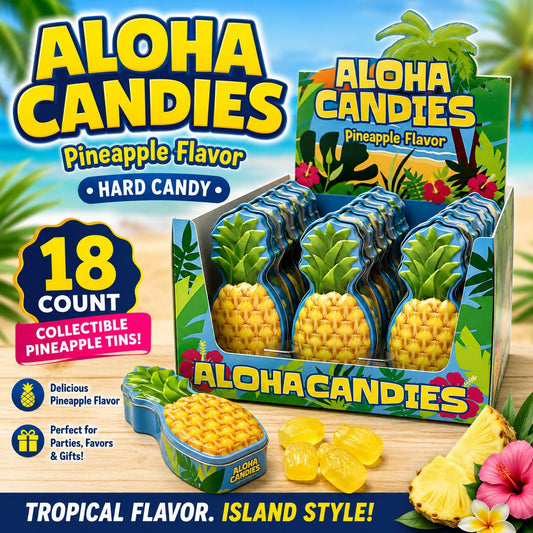Boston America Aloha Pineapple Sugar-Based Hard Candy - 18-Count Collectible Metal Tins, Compact Pack, Fun Gift, Travel Snack