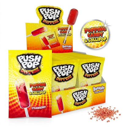 Bazooka UK Import Push Pop Dipperz Popping Candy Lollipop - Strawberry Flavor, 48 Pieces Sweet Snack Candies