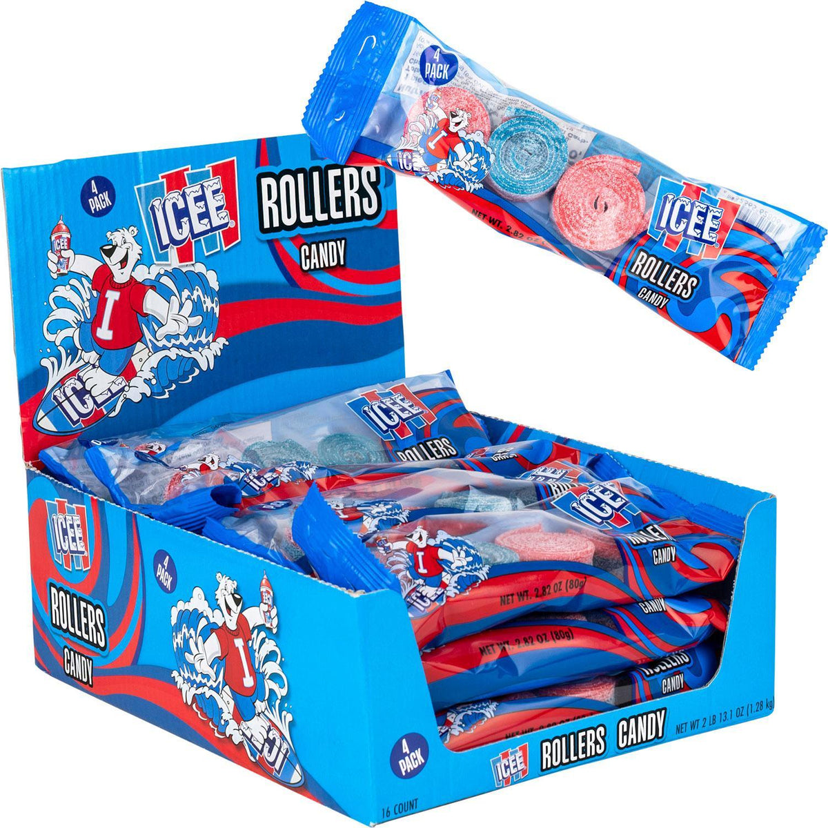 Icee Roller Candy Sour Belts, 4-Pack Sugar Base Sweet & Sour Chewy Candy Strips
