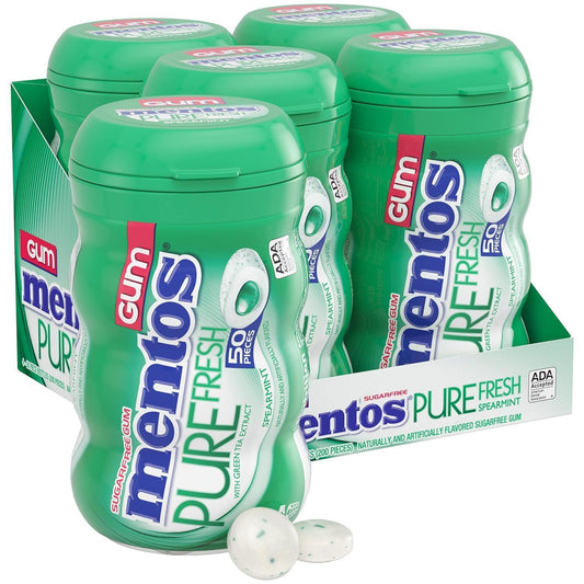 Mentos Sugar-Based Spearmint Gum, Large Size Bottle Pack - 50ct per Bottle, 4-Pack Total