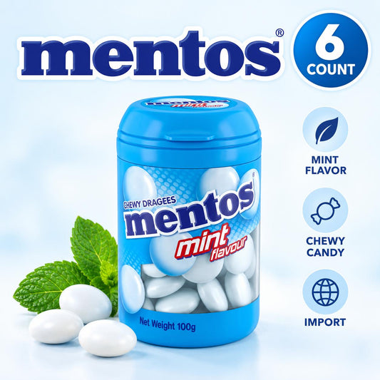 Korea-Imported Mentos Chewy Dragees Mint Flavor Sugar Candies, 4.23 oz Snacks, 6-Count Tray