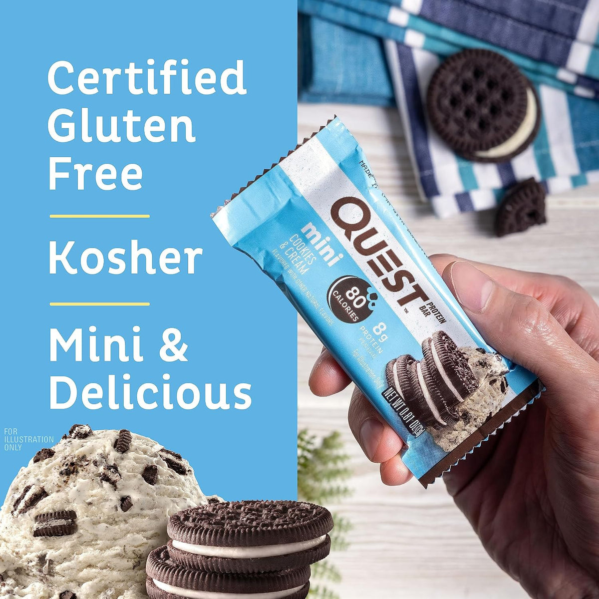 Quest Protein Bar, Cookies & Cream Flavor, 12-Count Box Pack – High-Protein Snack Bars That Contains Biscuits