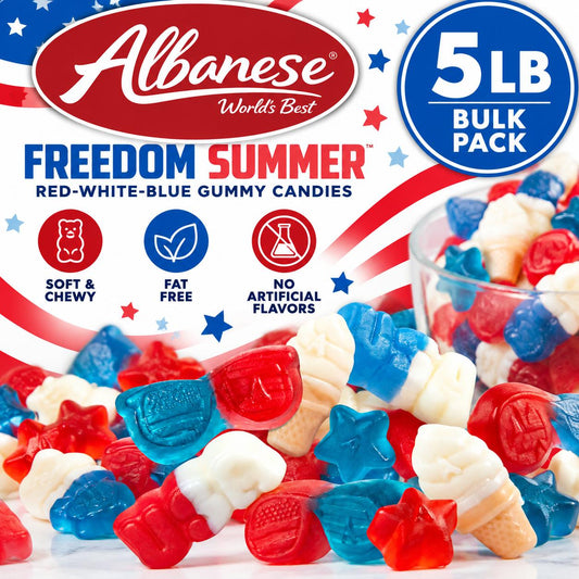 Albanese USA Freedom Summer Red, White & Blue Chewy Fruit Gummy Bears, 5 lb Bulk Bag, Soft Sweet Patriotic Candies