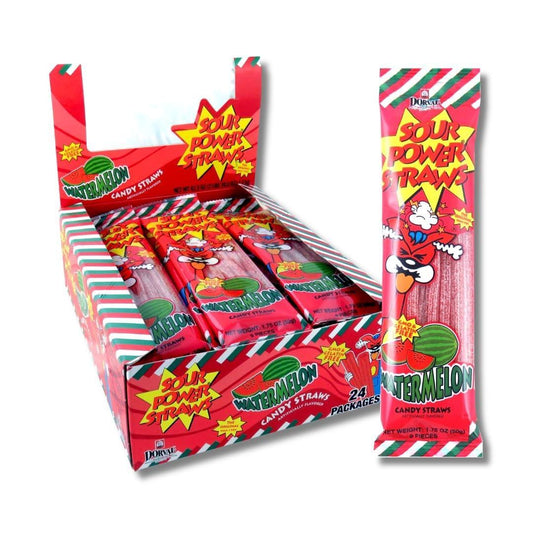 Dorval Sugar-Based Sour Power Candy Straws - Watermelon Flavor, 1.75oz, 24-Piece Boxed Pack