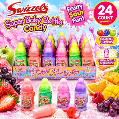 Swizzels UK Import Fruity Sour Super Baby Bottle Candy Lollipops, 24 Pieces Party Snack - Tangy Candies for Fun Treats