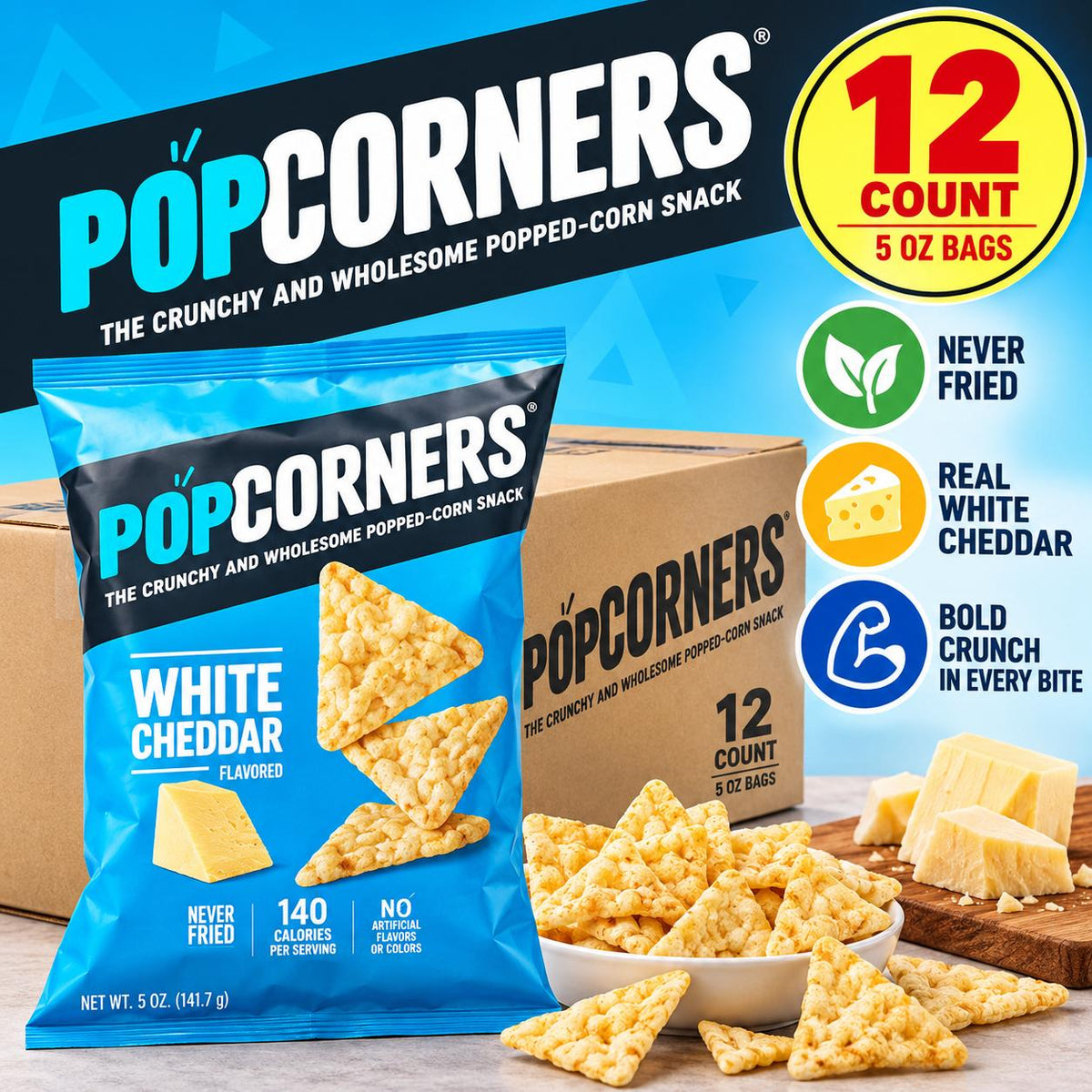 PopCorners White Cheddar Popped Snacks, 5 oz, 12-Pack Cheese Snack Bags
