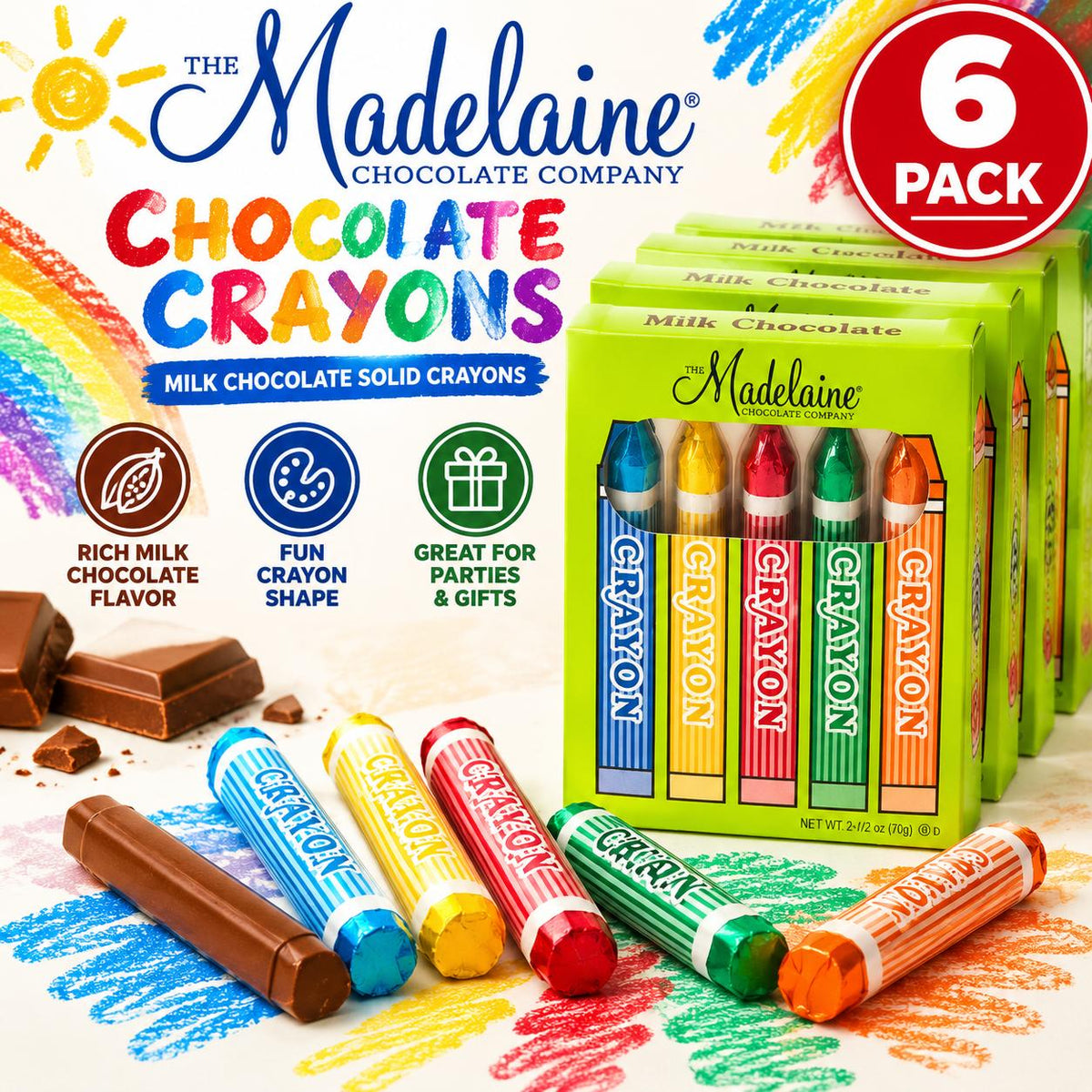 Madelaine Milk Chocolate Solid Crayons, 5-Count Box (6-Pack) - Chocolate Base Dessert Snack Boxes, Candies, Room Temp Party Favors