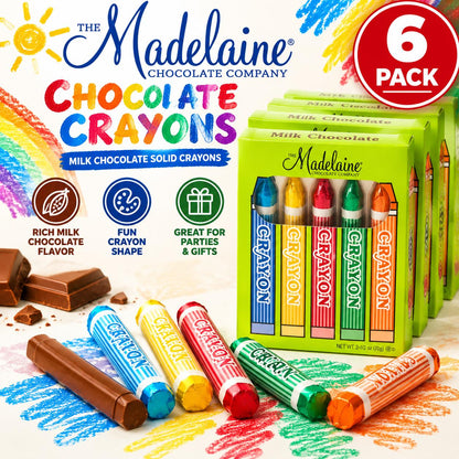 Madelaine Milk Chocolate Solid Crayons, 5-Count Box (6-Pack) - Chocolate Base Dessert Snack Boxes, Candies, Room Temp Party Favors