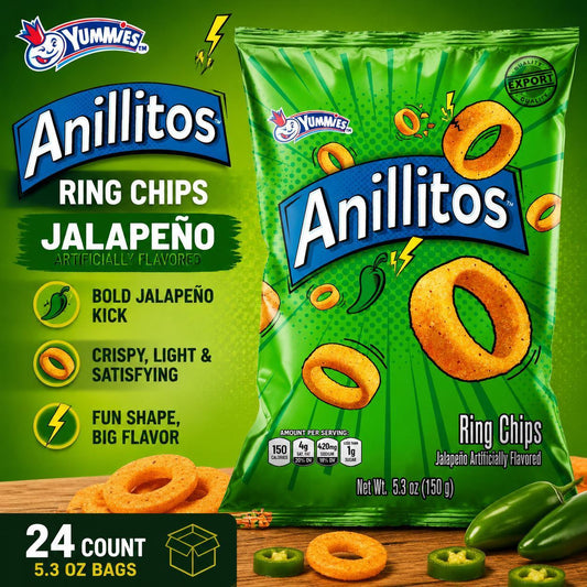 Yummies Anillitos Ring Chips, 5.3oz Jalapeño Kick Imported Mexican Snack Crisps, 24 Count
