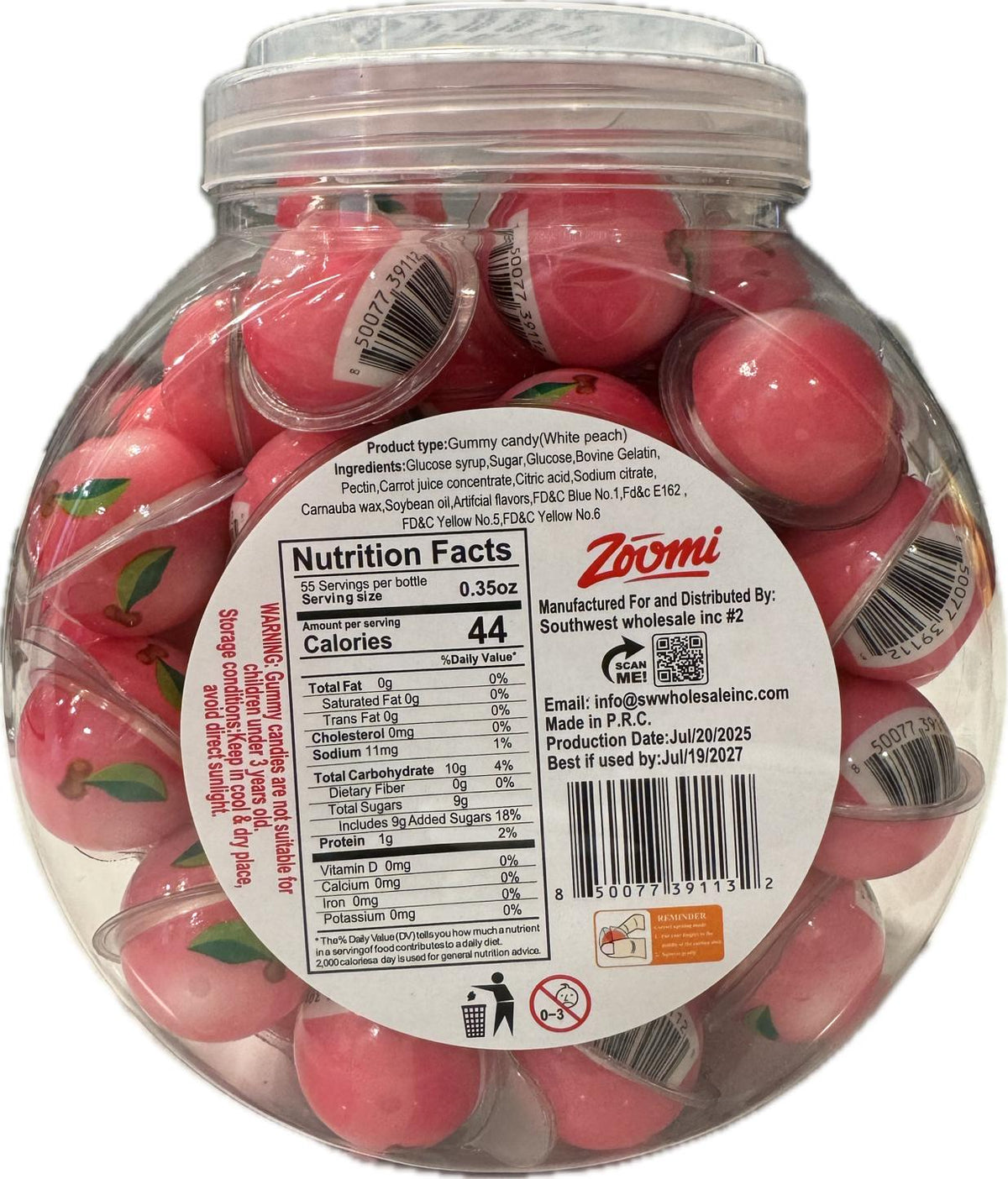 Gushmello Liquid-Filled White Peach Flavor Gummy Candies Jar, 55 Ct - Sweet Snacks for Adults, Ideal for Parties