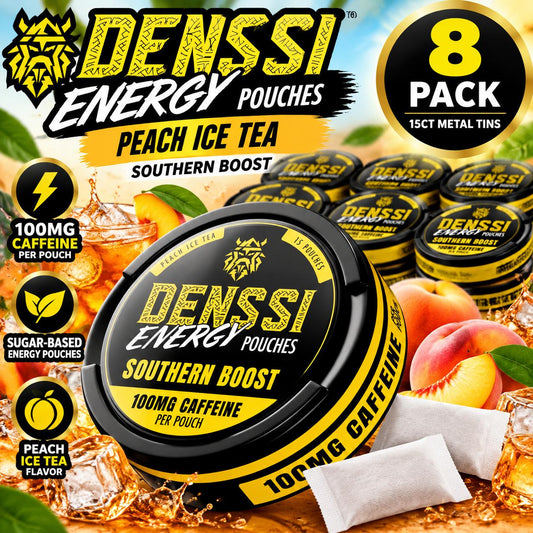 Denssi Energy Caffeine Sugar-Based Candies, Peach Ice Tea Flavor, 15-Count Metal Tin, 8-Pack Fitness & Wellness Sweet Snack Supplement