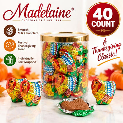 Madelaine Milk Solid Chocolate Mini Turkeys, 40-Count Mini Turkey Tubs, Thanksgiving Chocolate Candy Snacks