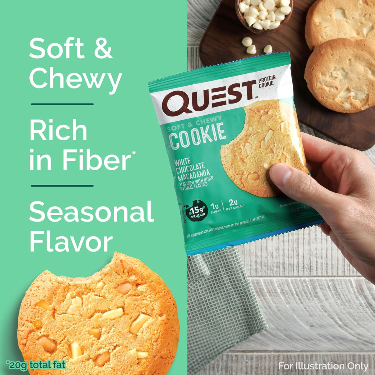Quest White Chocolate Macadamia Nut Protein Cookie 2.04 oz, 12-Count Soft-Baked High-Protein Food Snacks