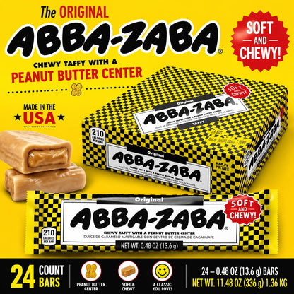Abba-Zaba Peanut Butter Chewy Taffy Candies, 24-Count 0.48oz Individually Wrapped Soft Sweet Classic Retro Snack Bars