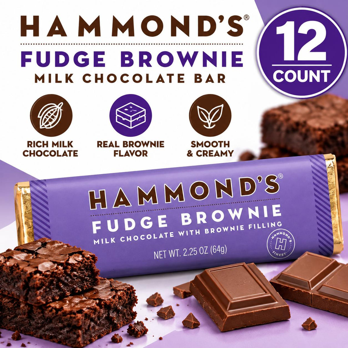 Hammonds Fudge Brownie Milk Chocolate Bar 2.25 oz 12 Count Chocolate Candy Snack