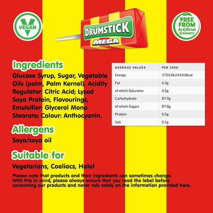 Swizzels UK Import Mega Drumstick Lollipop Chewy Candy, 28g, 36 Pieces Box Pack, Strawberry Raspberry Flavor, Made with Sugar