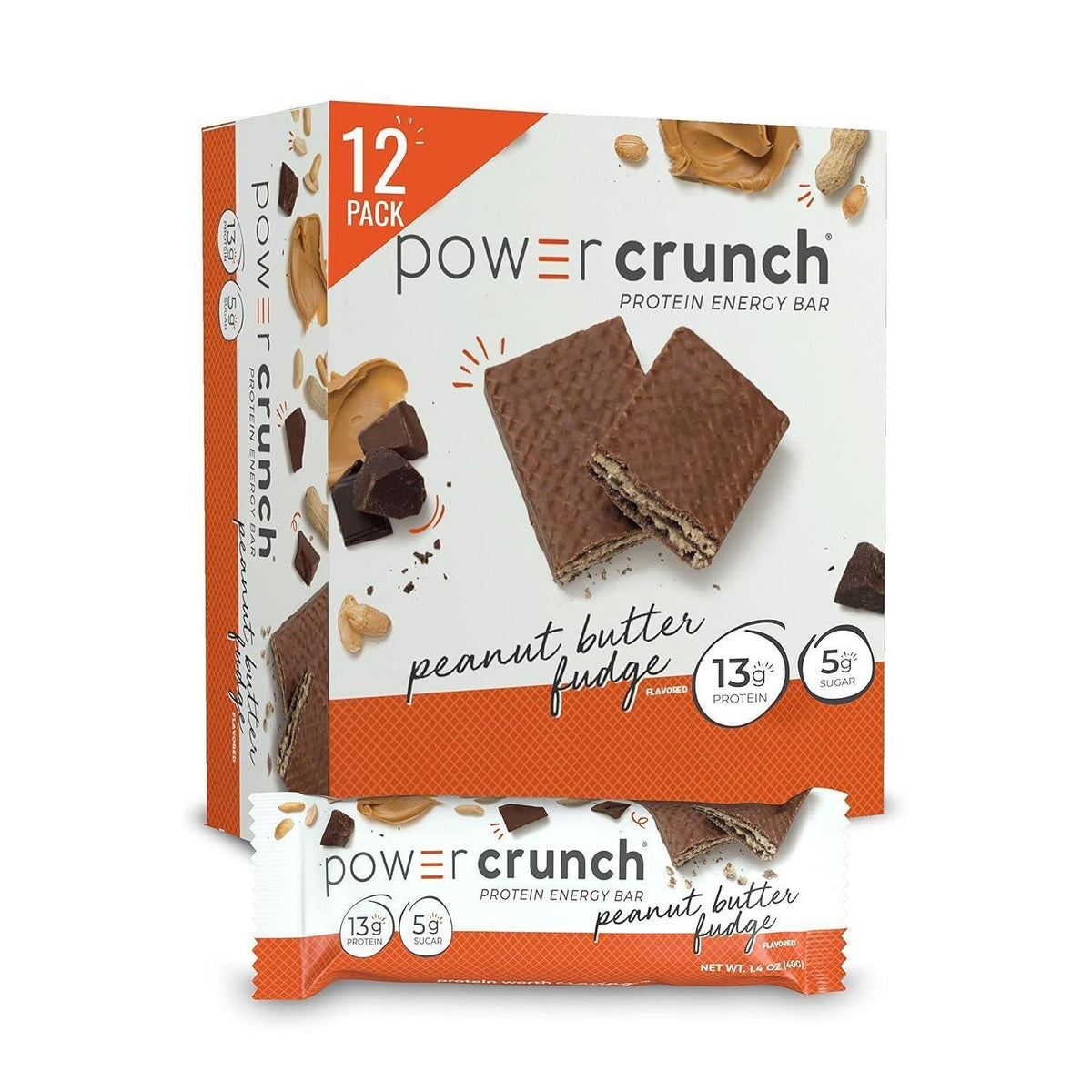 DOTPower Crunch Protein Wafer Bars - Peanut Butter Fudge Flavor (Contains Chocolate), 1.4oz Each, 12-Bar Boxed Set for Protein Boost