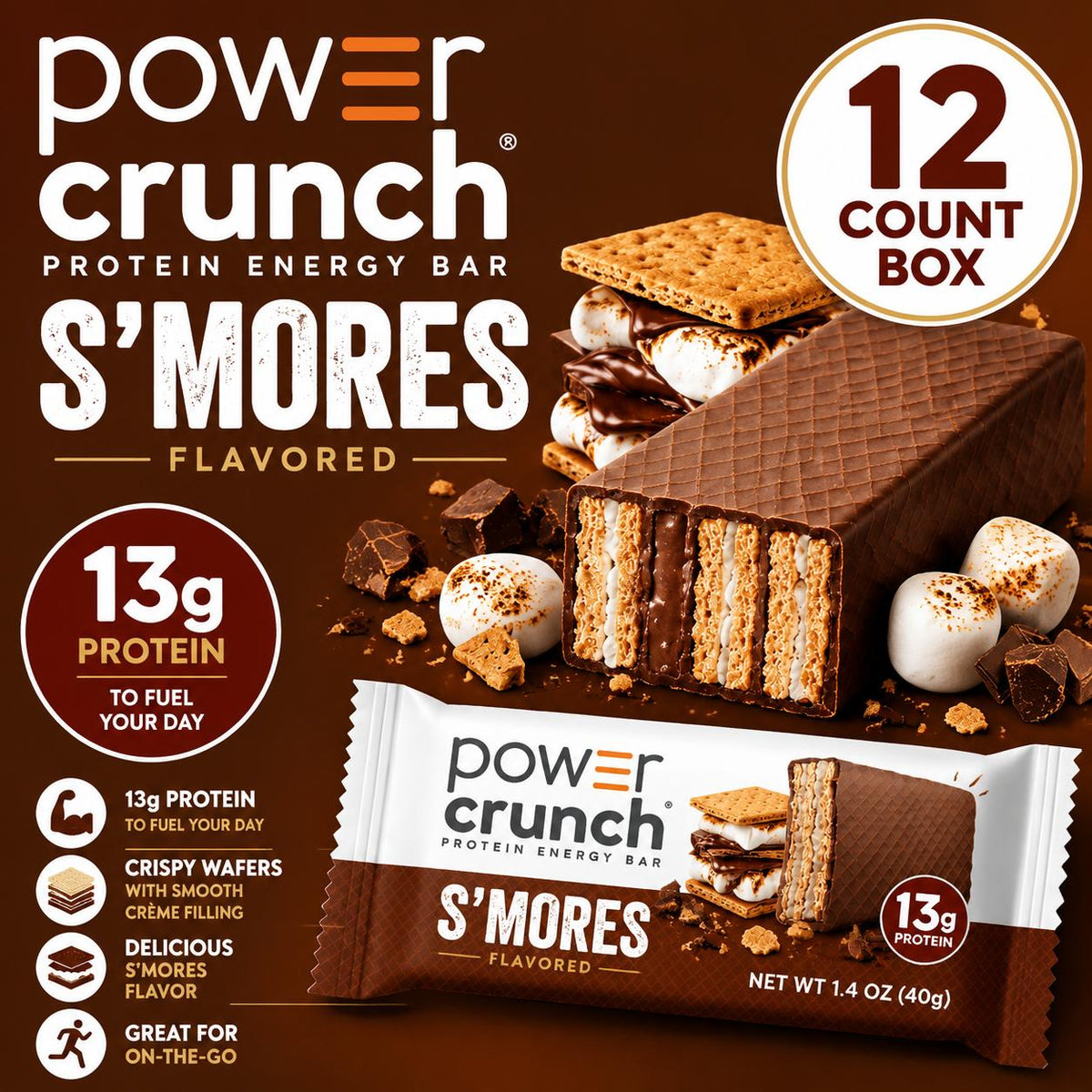 Power Crunch Protein Wafer Bars, Classic S’mores Flavor, 1.4oz, 12-Bar Box Pack, Crispy Chocolate-Infused Snack Wafers