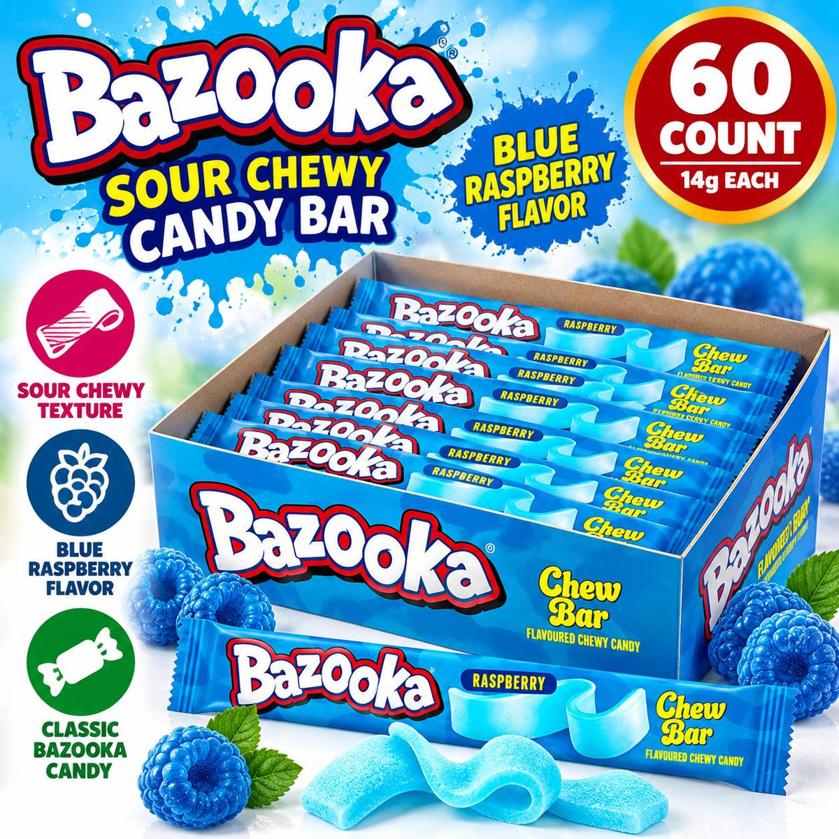 Bazooka UK Import Sour Chewy Candy Bar Blue Raspberry 14g 60 Count Tray Fruity Sour Candy