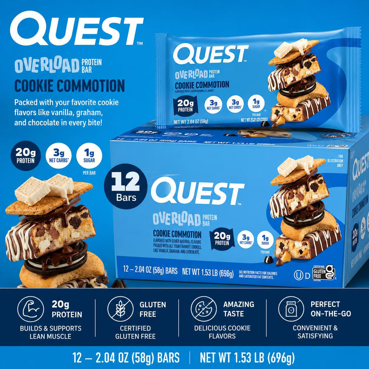 Quest Protein Overload Bar - Cookie Commotion, 2.04 oz, 12 Bars, Protein-Rich Chocolate Snack for On-the-Go Munching