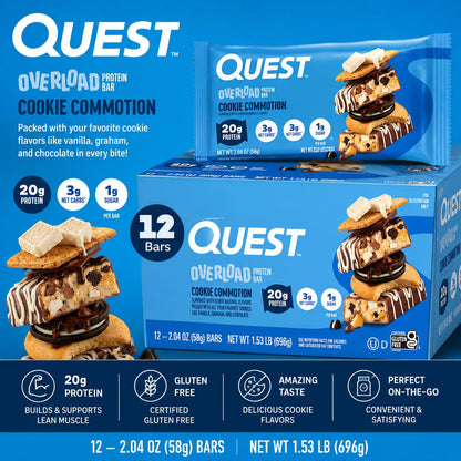 Quest Protein Overload Bar - Cookie Commotion, 2.04 oz, 12 Bars, Protein-Rich Chocolate Snack for On-the-Go Munching