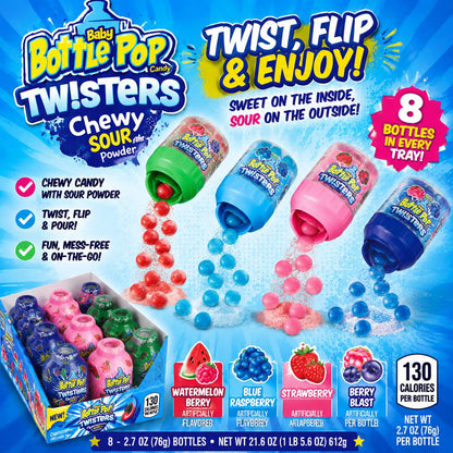 Bazooka Baby Bottle Pop Twisters, 2.7oz 8-Count Fruit-Flavored Sweet Twisted Lollipop & Candy Powder Treats, Party Favors & Gift Bag Fillers