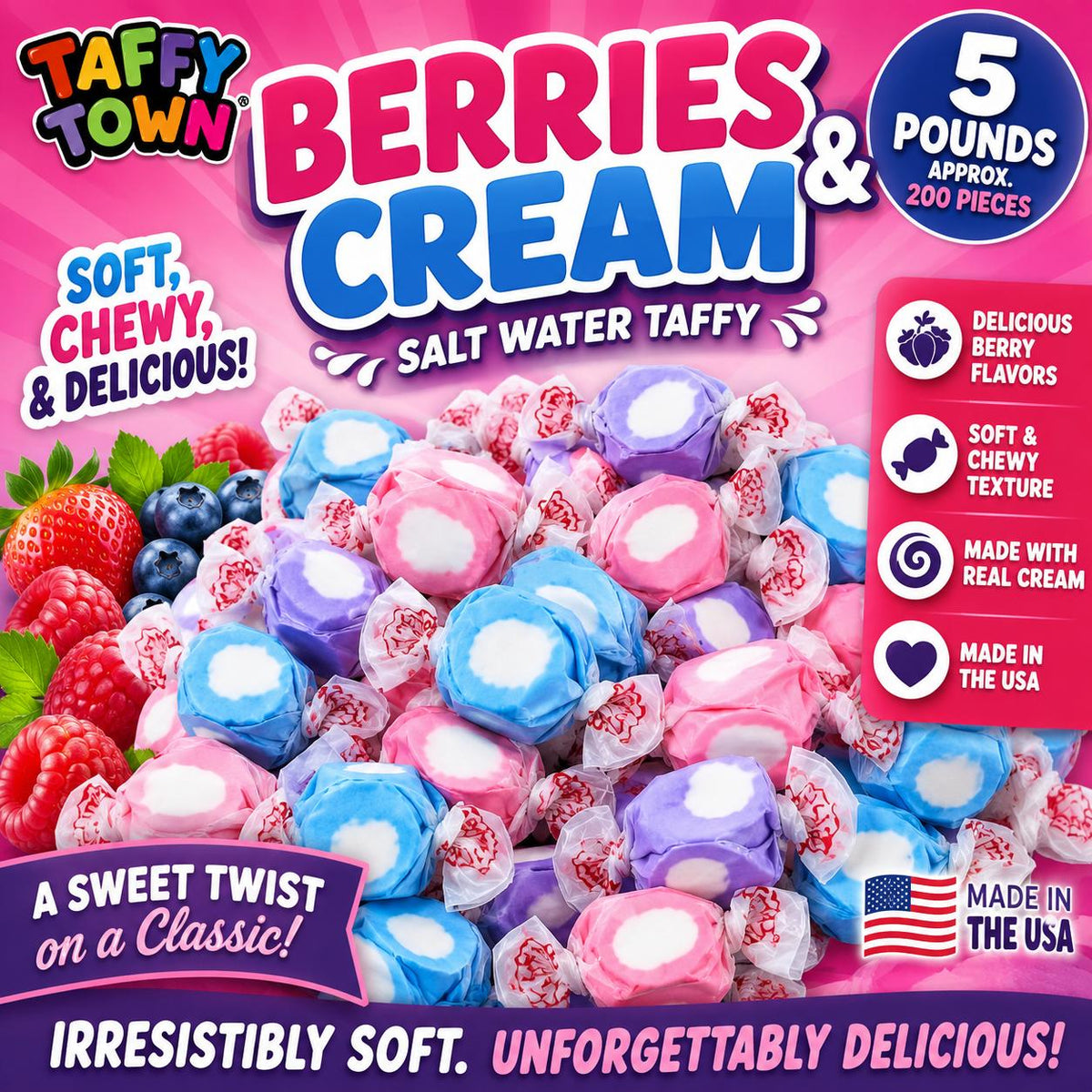 Taffy Town Berries & Cream Salt Water Taffy 5 lb Bulk Bag - Soft, Chewy Berry Mix Fruit Candies with Sweet Twist, Gourmet Candy for Goodie Bags & Parties