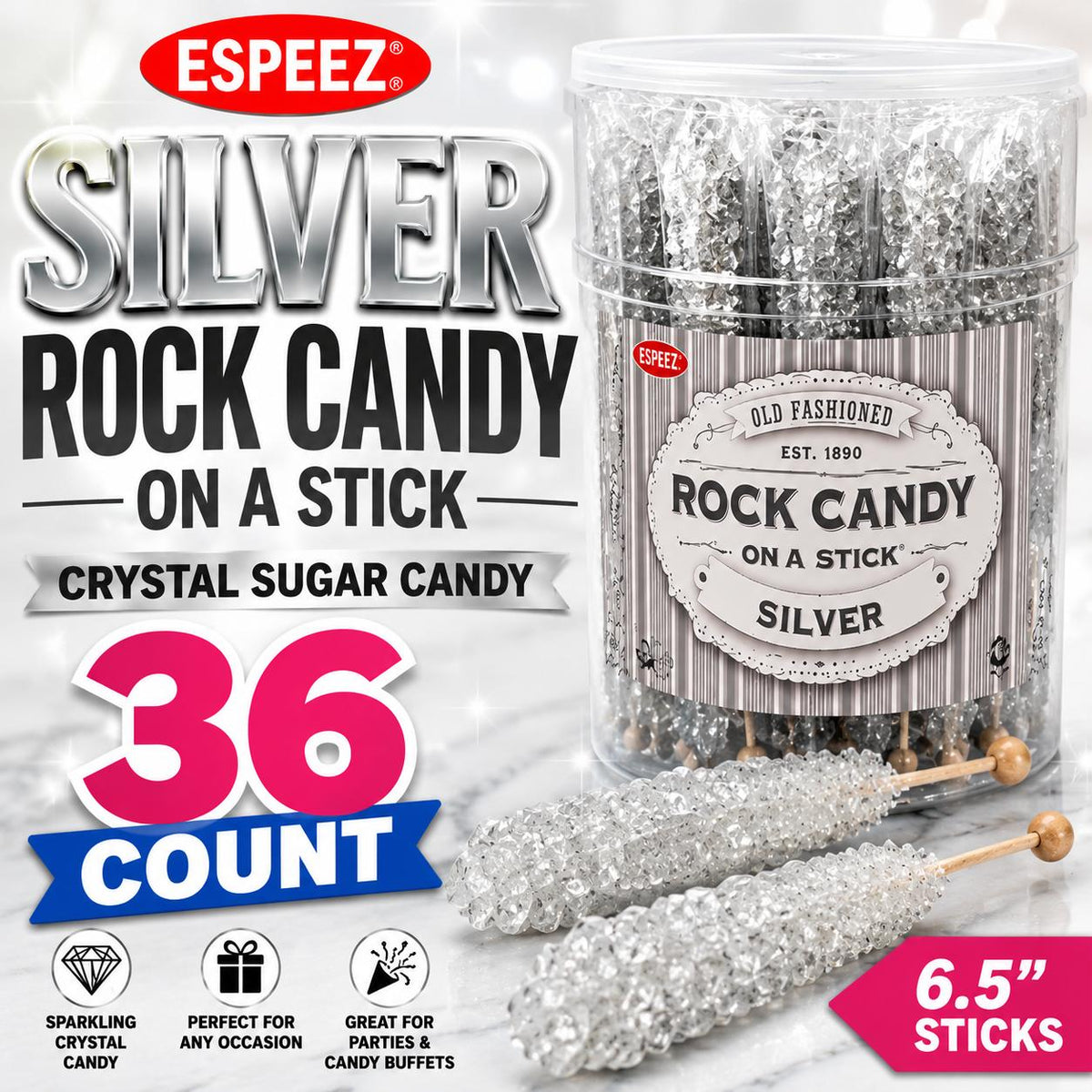 Espeez Silver Rock Candy on a Stick - 6.5 in Pure Sugar Crystal Snack Candies, 36-Count Bulk Sticks for Birthday Party Favors, Wedding Treats
