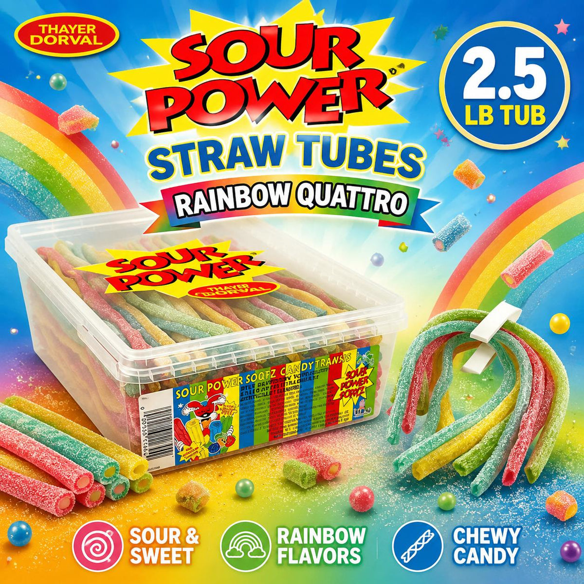 Dorval Sour Power Rainbow Quattro Straw Tubes Sour Candy, 2.5lb Large Volume Plastic Tub, Made with Sugar Chewy Fruit Snacks