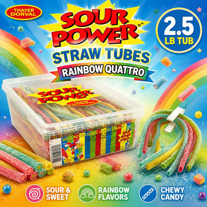 Dorval Sour Power Rainbow Quattro Straw Tubes Sour Candy, 2.5lb Large Volume Plastic Tub, Made with Sugar Chewy Fruit Snacks