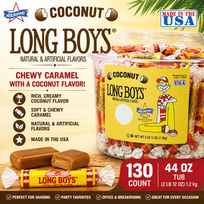 Atkinson Coconut Long Boy Caramel Candy Tub 44 oz 130 Count  Chewy Coconut Caramel Candy | Bulk Retro Treats for Sharing