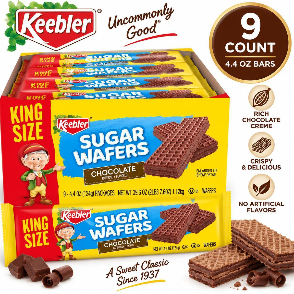 Keebler King-Size Chocolate Creme Sugar Wafer Snacks, 4.4oz, 9-Count, Chocolate Flavor, Ambient Room Temp Treats