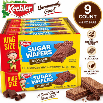 Keebler King-Size Chocolate Creme Sugar Wafer Snacks, 4.4oz, 9-Count, Chocolate Flavor, Ambient Room Temp Treats