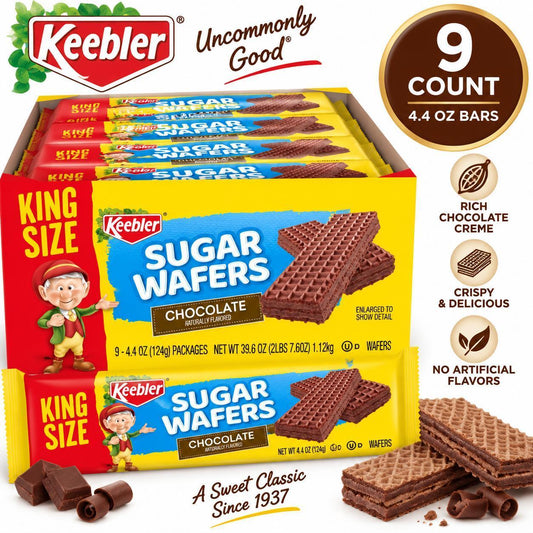 Keebler King-Size Chocolate Creme Sugar Wafer Snacks, 4.4oz, 9-Count, Chocolate Flavor, Ambient Room Temp Treats