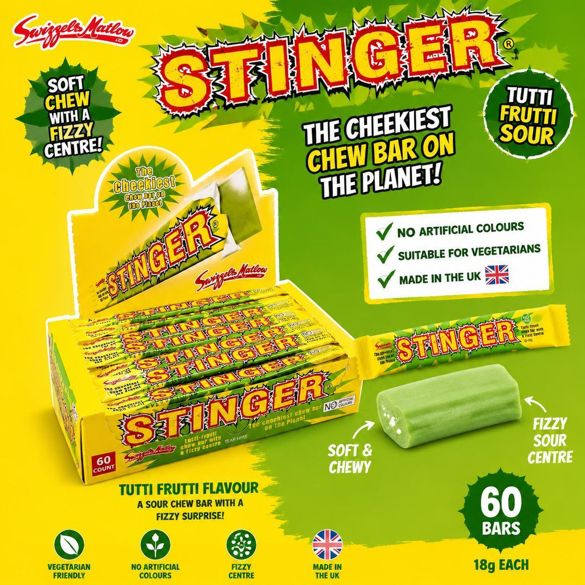 Swizzels UK Import Stinger Chew Bar - Tutti Frutti Sweet-Sour Sugar-Base Fruit Chewy Candies, 18g Each, 60 Count British Snacks
