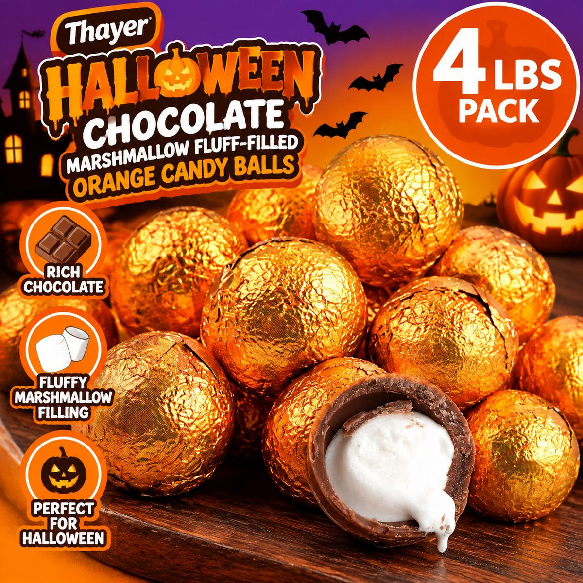 Halloween Chocolate Foil Wrapped Marshmallow Fluff Filled Orange Candy Balls 4 lb Bulk Bag Party Treats