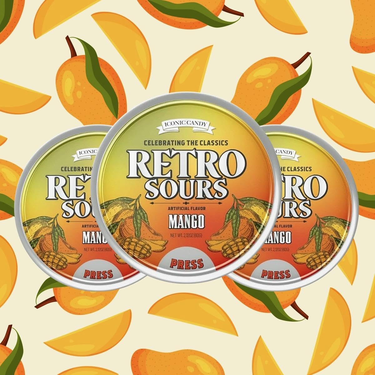 Retro Sours Mango Candies - 60g Tray Pack with 8-Count Collectible Tins, Sugar-Based Fruit Snack for Parties, Gifts