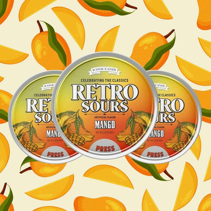 Retro Sours Mango Candies - 60g Tray Pack with 8-Count Collectible Tins, Sugar-Based Fruit Snack for Parties, Gifts
