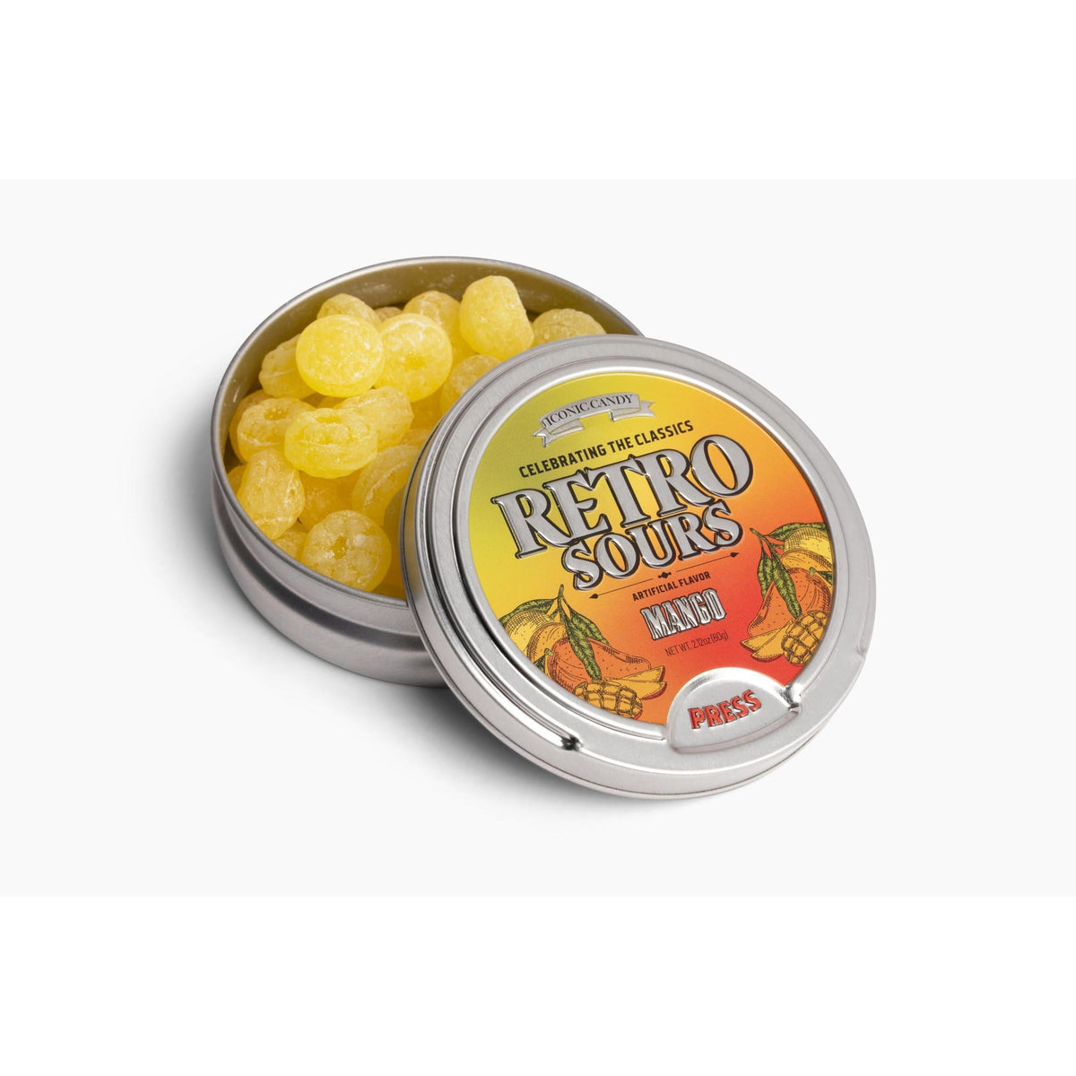 Retro Sours Mango Candies - 60g Tray Pack with 8-Count Collectible Tins, Sugar-Based Fruit Snack for Parties, Gifts