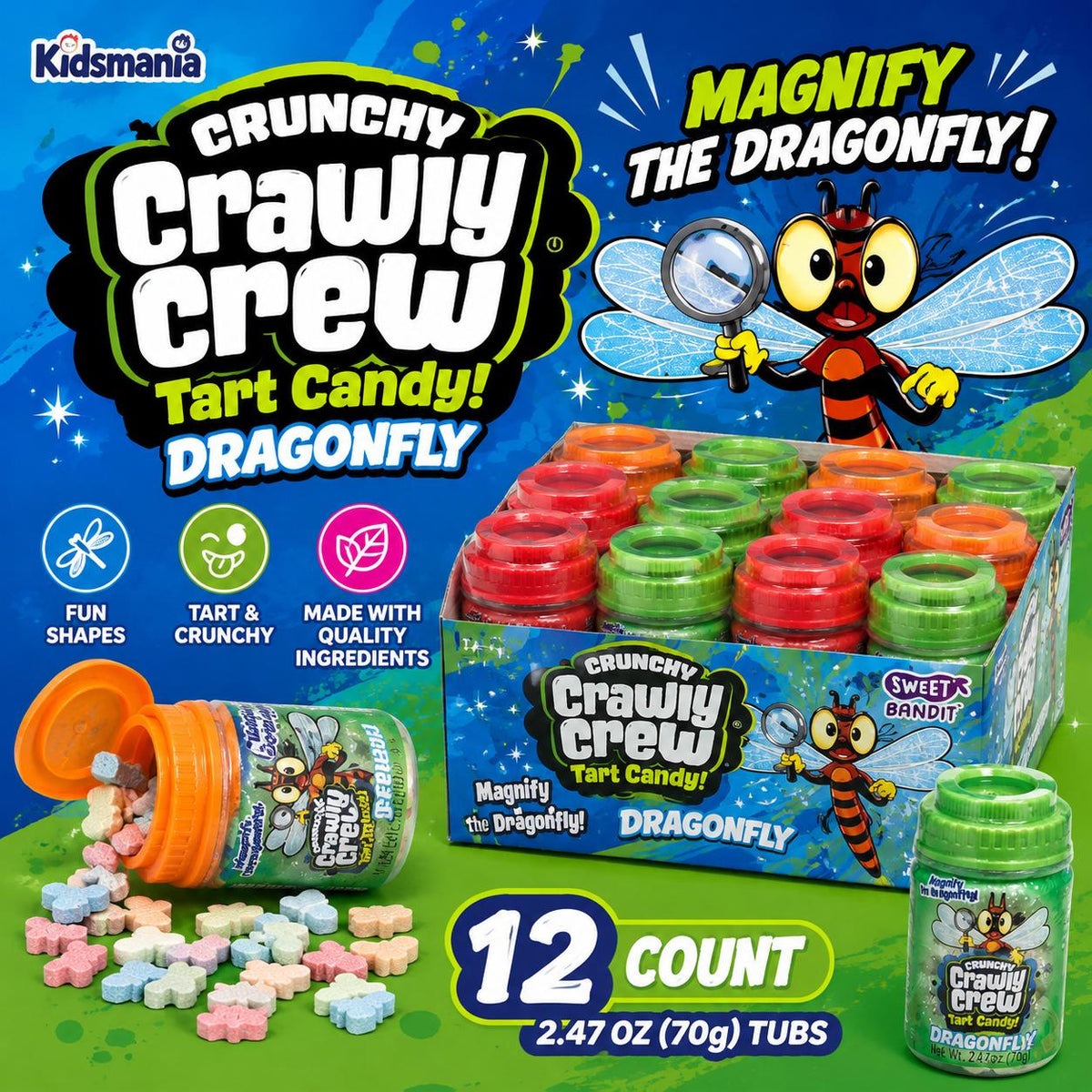 Kidsmania Crunchy Crawly Crew Tart Dragonfly Sweet Tangy Candies, 2.47 oz, 12-Piece Novelty Snack