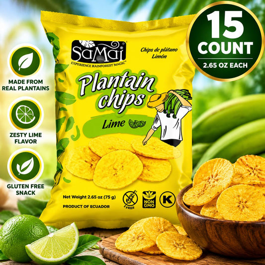 SAMAI Plantain Chips Pacific Lime Flavor 2.65 oz 15 Count Case Crunchy Tropical Snack