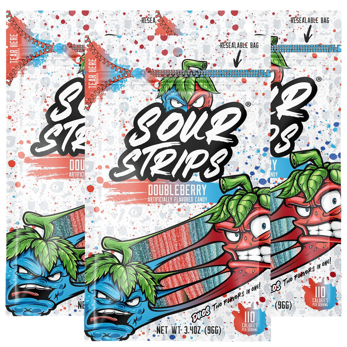 Sour Strips Doubleberry Sour Candy Belts 3.4 oz 12 Count  Sweet & Sour Chewy Candy Strips | Resealable Peg Bags for Snacking & Sharing