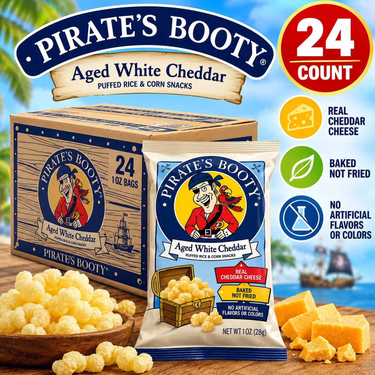 Pirates Booty Aged White Cheddar Flavor Puffed Aged Cheese Snack Food, 1 oz, 24-Count Bags, Ideal for Parties, Safe for Room Temp Storage