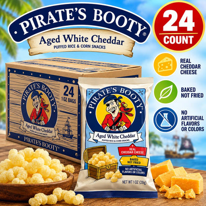 Pirates Booty Aged White Cheddar Flavor Puffed Aged Cheese Snack Food, 1 oz, 24-Count Bags, Ideal for Parties, Safe for Room Temp Storage