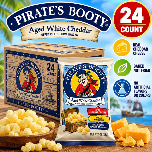 Pirates Booty Aged White Cheddar Flavor Puffed Aged Cheese Snack Food, 1 oz, 24-Count Bags, Ideal for Parties, Safe for Room Temp Storage