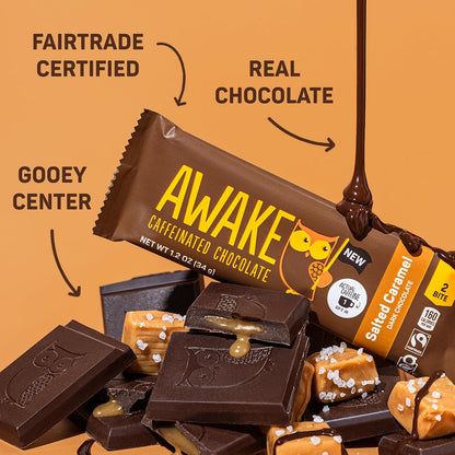 Awake Caffeinated Dark Chocolate Bar Sea Salt Caramel 1.2 oz 20 Count Chocolate Snack Bars