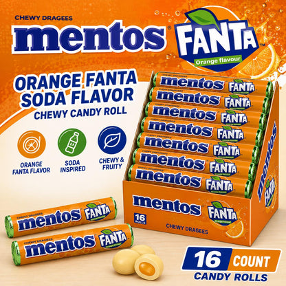 Mentos Orange Fanta Soda Fruit Chewy Candy Tray Pack - Imported 16 Rolls Chewy Candy
